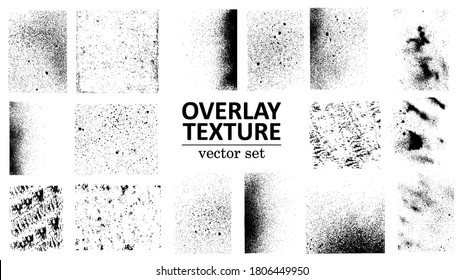 Overlay texture set. Different types of texture stamps (damaged, paint, old, concrete and other). Vector collection urban grunge overlay. Paint texture with spray effect and drop ink splashes. Vector