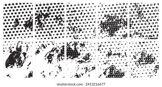 Overlay texture set. Different types of texture stamps (damaged, paint, old, concrete and other). Vector collection urban grunge overlay. Paint texture with spray effect