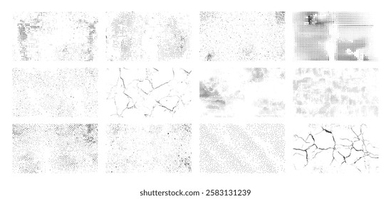 Overlay texture set. Dirty Grunge Textures Vector Set. Dirty grainy stamp and scratches and damage mark. Use purpose damaged, distress, paint, texture, old, concrete, urban, grunge, dirty, dust vector