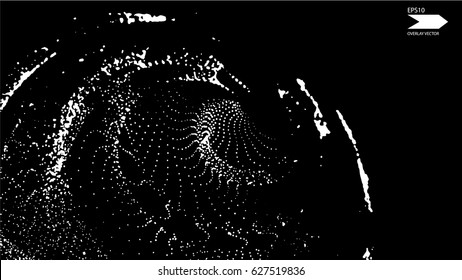 Overlay texture vector. Exploding particles, flying fragments in different directions, twisting white dots. Smashing glass. You can use different types of overlay and get great effects.