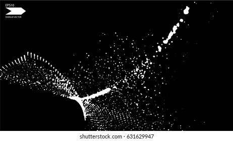 Overlay texture vector. Exploding particles, flying fragments in different directions, twisting white dots. Smashing glass. You can use different types of overlay and get great effects.
