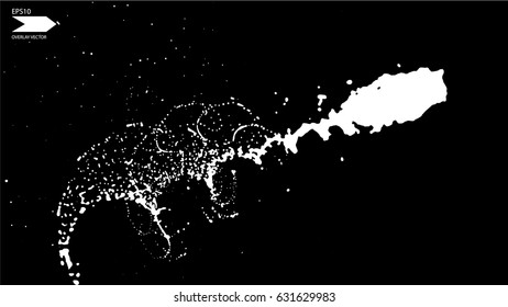 Overlay texture vector. Exploding particles, flying fragments in different directions, twisting white dots. Smashing glass. You can use different types of overlay and get great effects.