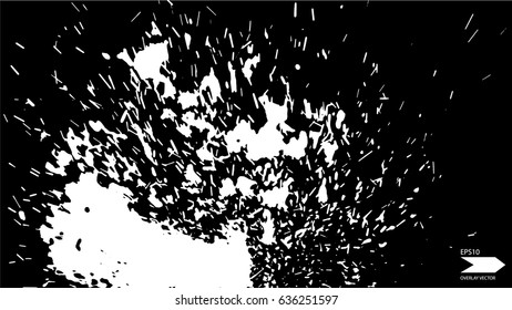Overlay texture vector. Exploding particles, flying fragments in different directions, twisting white dots. Smashing glass. You can use different types of overlay and get great effects.