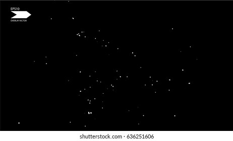 Overlay texture vector. Exploding particles, flying fragments in different directions, twisting white dots. Smashing glass. You can use different types of overlay and get great effects.