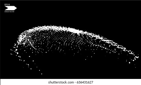 Overlay texture vector. Exploding particles, flying fragments in different directions, twisting white dots. Smashing glass. You can use different types of overlay and get great effects.