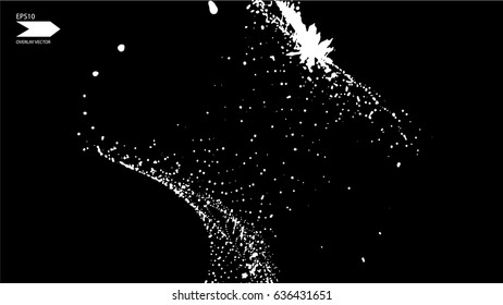 Overlay texture vector. Exploding particles, flying fragments in different directions, twisting white dots. Smashing glass. You can use different types of overlay and get great effects.