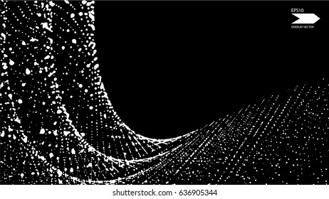 Overlay texture vector. Exploding particles, flying fragments in different directions, twisting white dots. Smashing glass. You can use different types of overlay and get great effects.