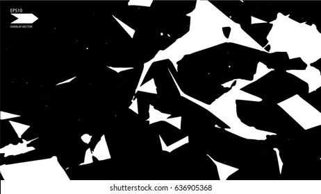 Overlay texture vector. Exploding particles, flying fragments in different directions, twisting white dots. Smashing glass. You can use different types of overlay and get great effects.