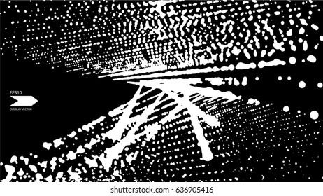Overlay texture vector. Exploding particles, flying fragments in different directions, twisting white dots. Smashing glass. You can use different types of overlay and get great effects.