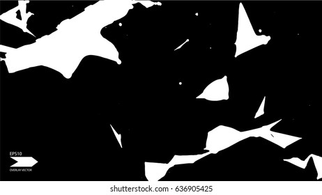 Overlay texture vector. Exploding particles, flying fragments in different directions, twisting white dots. Smashing glass. You can use different types of overlay and get great effects.