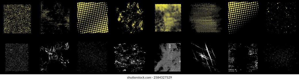 Overlay texture vector set, grunge abstract digital distress illustration, glitch, noise, halftone,dark, futuristic, modern, pixelated, artistic sci fi design, scratched chaotic texture background