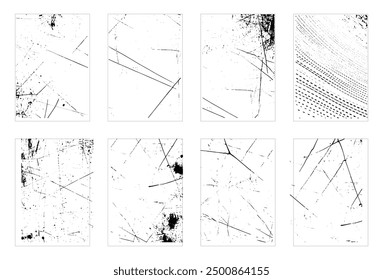 Superponer texturas establecer sello con efecto grunge. Daño viejo Sucio, granulado y arañazos. Conjunto de diferentes texturas de grano negro afligido. Texturas de Vector de superposición de tensión.	