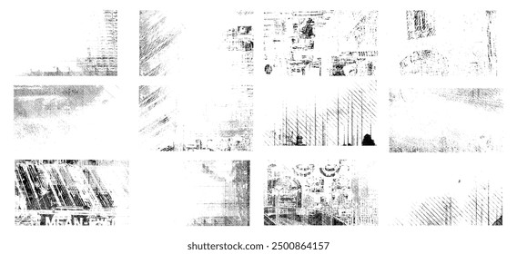 Superponer texturas establecer sello con efecto grunge. Daño viejo Sucio, granulado y arañazos. Conjunto de diferentes texturas de grano negro afligido. Texturas de Vector de superposición de tensión.	