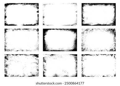 Overlay textures set stamp with grunge effect. Old damage Dirty grainy and scratches. Set of different distressed black grain texture. Distress overlay vector textures.	