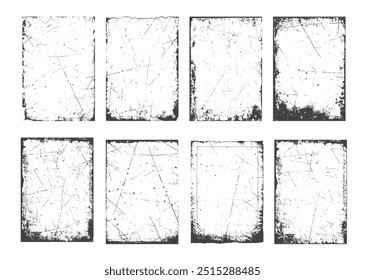 Overlay textures set stamp with grunge effect. Old damage Dirty grainy and scratches. Set of different distressed black grain texture. Distress overlay vector textures.