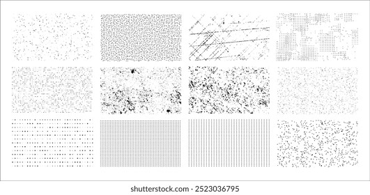Sobrepor texturas definir selo com efeito grunge. Dano velho, granulado sujo e arranhões. Conjunto de textura diferente de grãos negros angustiados. Texturas vetoriais de sobreposição de angústia.	