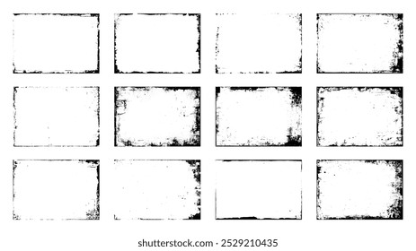 Superponer texturas establecer sello con efecto grunge. Daño viejo Sucio, granulado y arañazos. Conjunto de diferentes texturas de grano negro afligido. Texturas de Vector de superposición de tensión.
