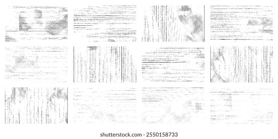 Overlay textures set stamp with grunge effect. Old damage Dirty grainy and scratches. Set of different distressed black grain texture. Distress overlay vector textures.