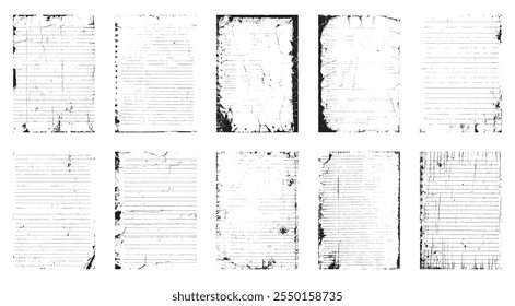 Superponer texturas establecer sello con efecto grunge. Daño viejo Sucio, granulado y arañazos. Conjunto de diferentes texturas de grano negro afligido. Texturas de Vector de superposición de tensión.