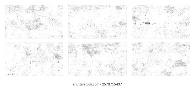 Overlay textures set stamp with grunge effect. Old damage Dirty grainy and scratches. Set of different distressed black grain texture. Distress overlay vector textures.