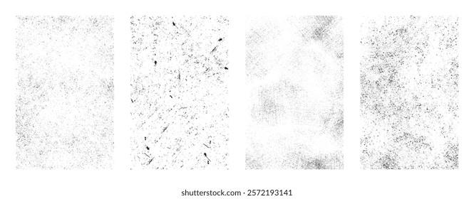 Overlay textures set stamp with grunge effect. Old damage Dirty grainy and scratches. Set of different distressed black grain texture. Distress overlay vector textures.	