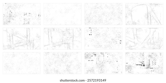 Overlay textures set stamp with grunge effect. Old damage Dirty grainy and scratches. Set of different distressed black grain texture. Distress overlay vector textures.	