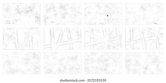 Overlay textures set stamp with grunge effect. Old damage Dirty grainy and scratches. Set of different distressed black grain texture. Distress overlay vector textures.	