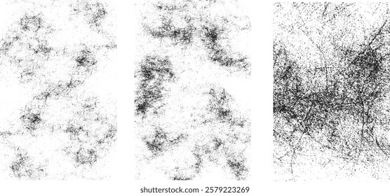 Overlay textures set stamp with grunge effect. Old damage Dirty grainy. Set of different distressed black grain texture. Set of the vector grunge textures isolated on white background.