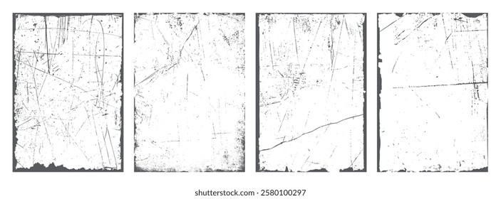 Overlay textures set stamp with grunge effect. Old damage Dirty grainy and scratches. Set of different distressed black grain texture. Distress overlay vector textures.