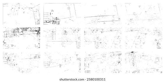 Overlay textures set stamp with grunge effect. Old damage Dirty grainy and scratches. Set of different distressed black grain texture. Distress overlay vector textures.