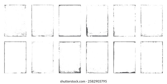 Overlay textures set stamp with grunge effect. Old damage Dirty grainy and scratches. Set of different distressed black grain texture. Distress overlay vector textures. 