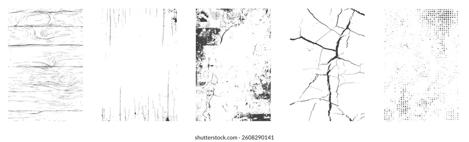 Overlay textures set stamp with grunge effect. Old damage Dirty grainy and scratches. Set of different distressed black grain texture. Distress overlay vector textures.	