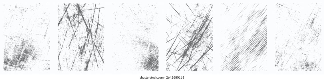 Superponer texturas establecer sello con efecto grunge. Daño viejo Sucio, granulado y arañazos. Conjunto de diferentes texturas de grano negro afligido. Texturas de Vector de superposición de tensión.