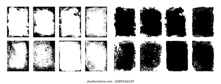 Sobrepor texturas definir selo com efeito grunge. Dano velho, granulado sujo e arranhões. Conjunto de textura diferente de grãos negros angustiados. Texturas vetoriais de sobreposição de angústia.