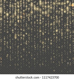 Overlay transparent glitter threads of curtain backdrop. Christmas and New Year effect. Gold particles lines rain. Fashion strass drops with shiny sequins. Sparkling of shimmering light blurs. EPS 10