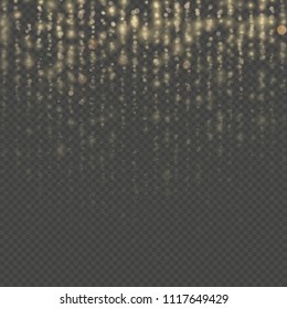 Overlay transparent glitter threads of curtain backdrop. Christmas and New Year effect. Gold particles lines rain. Fashion strass drops with shiny sequins. Sparkling of shimmering light blurs. EPS 10