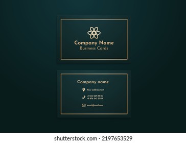 Overlay vector mockup horizontal business card two sides. Realistic design green background. Template card, blank, social media, flyer, logo in luxury trendy gold