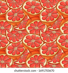 Piezas de pomelo sobrepuestas sobre fondo transparente. Patrón citrico sin fisuras para papel de envolver, durmiente, baldosas, ropa o ropa de cama. Maletín telefónico o impresión de tela. Ilustración vectorial de estilo dibujado