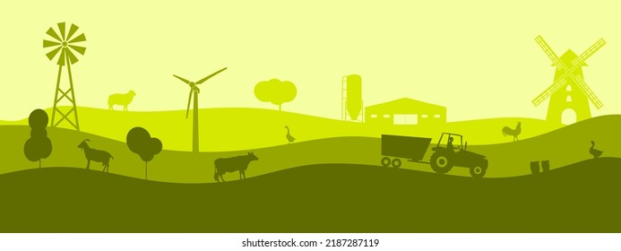 Overlayed icons of trees, windmill, tractor and farm animals. Ecologically clean area. Village in the summer. Illustration or background for eco products, banner.