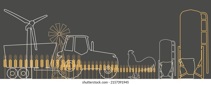 Iconos de contorno sobredimensionados de roster, turbina eólica y tractor. Área ecológicamente limpia. Campo de trigo maduro. Ilustración de estilo de línea delgada o fondo para productos ecológicos, banner.