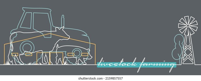 Overlayed outline icons of tree, barn, tractor and farm animals. Ecologically clean area. Village in the summer. Thin line style illustration or background for eco products. Livestock farming text.