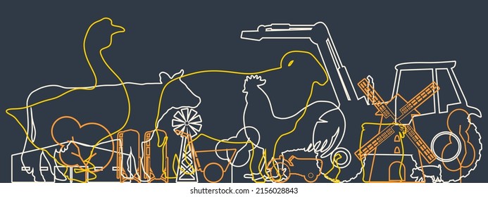 Overlayed outline icons of trees, barn, tractor and farm animals. Ecologically clean area. Village in the summer. Thin line style illustration or background for eco products, banner.