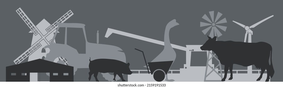 Überlagerte Umrisssymbole von Windmühle, Scheune, Traktor und Nutztieren. Ökologisch sauberes Gebiet. Dorf im Sommer. Dünne Stilgrafik oder Hintergrund für Öko-Produkte, Banner.