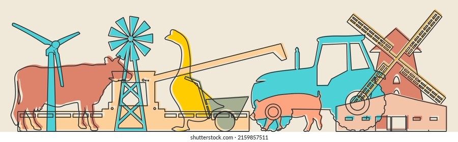 Überlagerte Umrisssymbole von Windmühle, Scheune, Traktor und Nutztieren. Ökologisch sauberes Gebiet. Dorf im Sommer. Dünne Stilgrafik oder Hintergrund für Öko-Produkte, Banner.