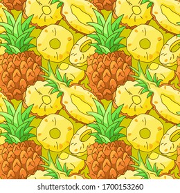 Overlayed pineapple pieces on yellow backdrop. Tropical seamless pattern for wrap paper, sleeper, bath tile, apparel or bed linen. Phone case or cloth print art. Drawn style stock vector illustration