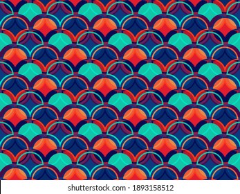 Overlaying circle elements geometric seamless pattern. Classic flat ornament. Scandinavian motif. Circles geometry vector graphic design. Ethnic decorative background.