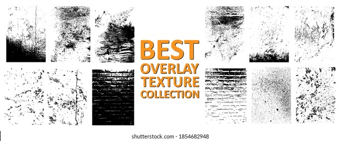 Overlays collection grunge, dirty grainy stamp, scratches and damage marks. Different paint textures, urban cracked walls, splay effect and drop ink splashes and other. Vector overlays effect