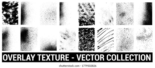 Overlays grunge template. Different texture mockups with splay effect and drop ink splashes. Dirty grainy stamp and scratches and damage marks. Urban grunge overlay. Vector set