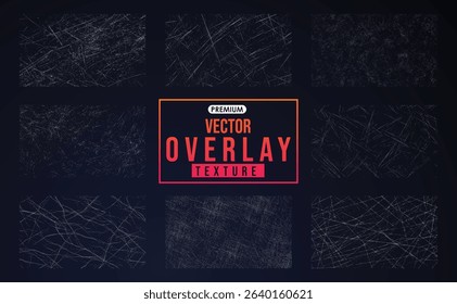 Overlays stamp texture with effect grunge, scratch, concrete and damaged. Overlay vector stamp dirty grainy grunge. Different paint textures with drop ink splashes and damage marks. 