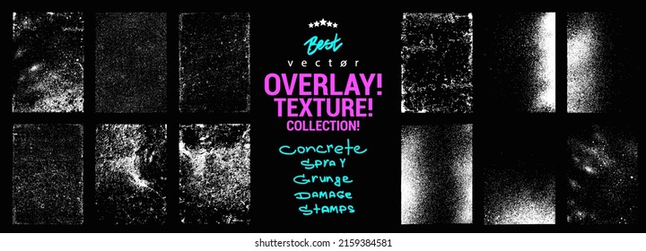 Overlays texture in stamps format with effect damage, old, concrete, grunge spray. Overlays grainy stamp with scratches and damage marks. Different paint texture with splashes and ink drop. Vector